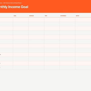 May include: A 2027 monthly income goal planner page with a bright orange header. The table includes columns for month, goal, invoiced, paid, difference, and notes. A sidebar on the left lists navigation tabs including index, year, months, clients, briefs, proposals, income, and notes.