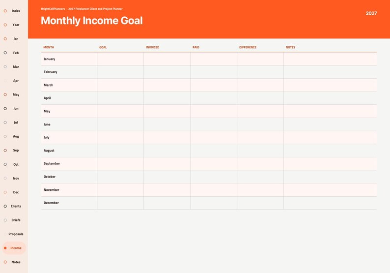 May include: A 2027 monthly income goal planner page with a bright orange header. The table includes columns for month, goal, invoiced, paid, difference, and notes. A sidebar on the left lists navigation tabs including index, year, months, clients, briefs, proposals, income, and notes.