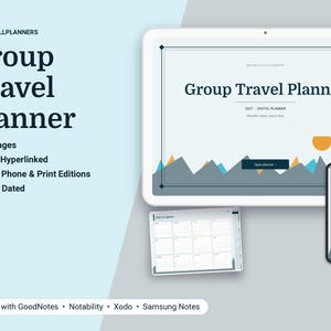 Planificador de viajes grupales digitales 2027, planificador de viajes grupales para tabletas en formato PDF, planificador con hipervínculos, viajeros, presupuesto, itinerario diario. imagen 1