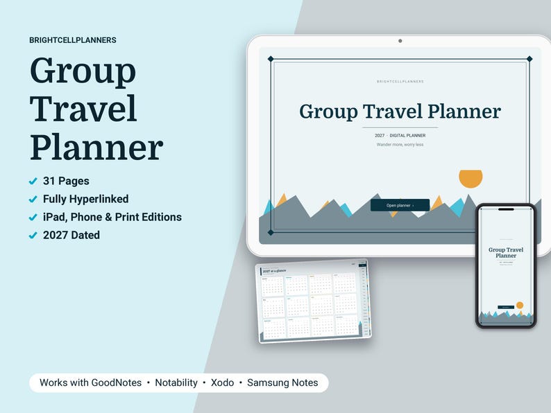 Planificador de viajes grupales digitales 2027, planificador de viajes grupales para tabletas en formato PDF, planificador con hipervínculos, viajeros, presupuesto, itinerario diario. imagen 1