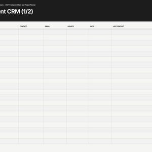 May include: A digital planner page titled Client CRM (1/2) with a black header and a light gray table. Columns include Client, Contact, Email, Source, Rate, Last Contact, and Status. A sidebar on the left lists months and categories.