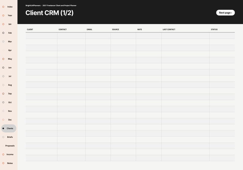 May include: A digital planner page titled Client CRM (1/2) with a black header and a light gray table. Columns include Client, Contact, Email, Source, Rate, Last Contact, and Status. A sidebar on the left lists months and categories.