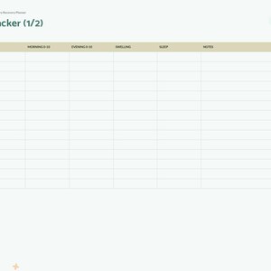 May include: A digital Pain Tracker (1/2) surgery recovery planner page with a table featuring columns for Day, Date, Morning 0-10, Evening 0-10, Swelling, Sleep, and Notes. The right sidebar lists navigation tabs including Index, Details, Pre-Op, Medication, Wound Care, Pain, Follow-Ups, and Notes.