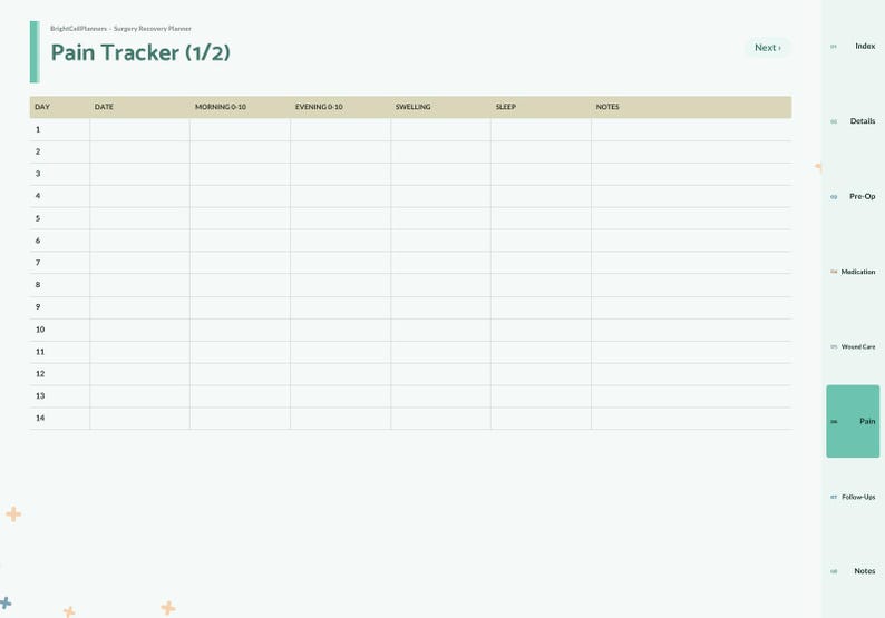 May include: A digital Pain Tracker (1/2) surgery recovery planner page with a table featuring columns for Day, Date, Morning 0-10, Evening 0-10, Swelling, Sleep, and Notes. The right sidebar lists navigation tabs including Index, Details, Pre-Op, Medication, Wound Care, Pain, Follow-Ups, and Notes.