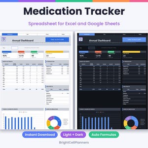 Puede incluir: Una hoja de c&aacute;lculo digital para el seguimiento de medicamentos en Excel y Google Sheets con un panel anual en modo claro y oscuro. La interfaz muestra estad&iacute;sticas mensuales, gr&aacute;ficos de barras y circulares de dosis.