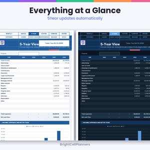Op de afbeelding: Een digitaal spreadsheet-sjabloon getiteld Everything at a Glance met 5Year updates automatically. Het toont een 5-Year View financieel dashboard in lichte en donkere modus, met kolommen voor inkomsten en uitgaven.