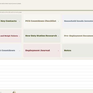 May include: A digital planner index page titled BRIGHTCELLPLANNERS - MILITARY DEPLOYMENT AND PCS MOVE PLANNER. It features a grid of navigation tiles including Orders and Key Contacts, PCS Countdown Checklist, Household Goods Inventory, PPM Receipts and Weigh Tickets, New Duty Station Research, Pre-Deployment Documents, Deployment Countdown, Deployment Journal, and Notes, with a Quick Notes lined section below.