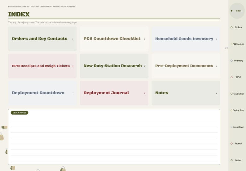 May include: A digital planner index page titled BRIGHTCELLPLANNERS - MILITARY DEPLOYMENT AND PCS MOVE PLANNER. It features a grid of navigation tiles including Orders and Key Contacts, PCS Countdown Checklist, Household Goods Inventory, PPM Receipts and Weigh Tickets, New Duty Station Research, Pre-Deployment Documents, Deployment Countdown, Deployment Journal, and Notes, with a Quick Notes lined section below.