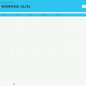 Puede incluir: Una p&aacute;gina de planificador digital titulada HOURS WORKED (1/2) con un encabezado azul brillante y una tabla con columnas para Week Of, Gig, Hours, Income, Per Hour y Notes. Una pesta&ntilde;a de navegaci&oacute;n vertical a la derecha lista meses y categor&iacute;as.
