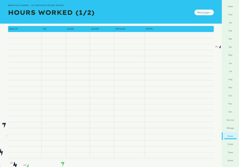 Puede incluir: Una p&aacute;gina de planificador digital titulada HOURS WORKED (1/2) con un encabezado azul brillante y una tabla con columnas para Week Of, Gig, Hours, Income, Per Hour y Notes. Una pesta&ntilde;a de navegaci&oacute;n vertical a la derecha lista meses y categor&iacute;as.
