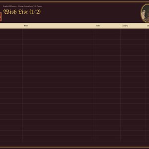 K&ouml;nnte beinhalten: Eine digitale Planerseite mit dem Titel Wish List (1/2) auf dunkelmarunem Hintergrund mit goldenen Akzenten. Das Layout enth&auml;lt eine Tabelle mit Spalten f&uuml;r Wish, Why, Cost, Saving und Granted sowie eine seitliche Navigationsleiste.