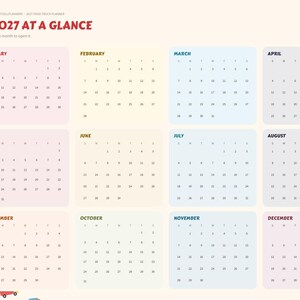 May include: A 2027 digital planner page titled 2027 AT A GLANCE, featuring twelve monthly calendar grids in pastel colors. A vertical navigation sidebar on the left lists months and categories like Bookings, Menu Cost, and Taxes.