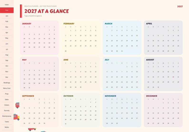 May include: A 2027 digital planner page titled 2027 AT A GLANCE, featuring twelve monthly calendar grids in pastel colors. A vertical navigation sidebar on the left lists months and categories like Bookings, Menu Cost, and Taxes.