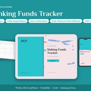 以下が含まれることがあります： タブレットとスマートフォンに表示された2027年版デジタルSinking Funds Trackerプランナー。39ページ、ハイパーリンク機能、日曜または月曜始まりのオプション付き。インターフェースにはカレンダー表示と、ティール色とライトピンク色の表紙が含まれています。