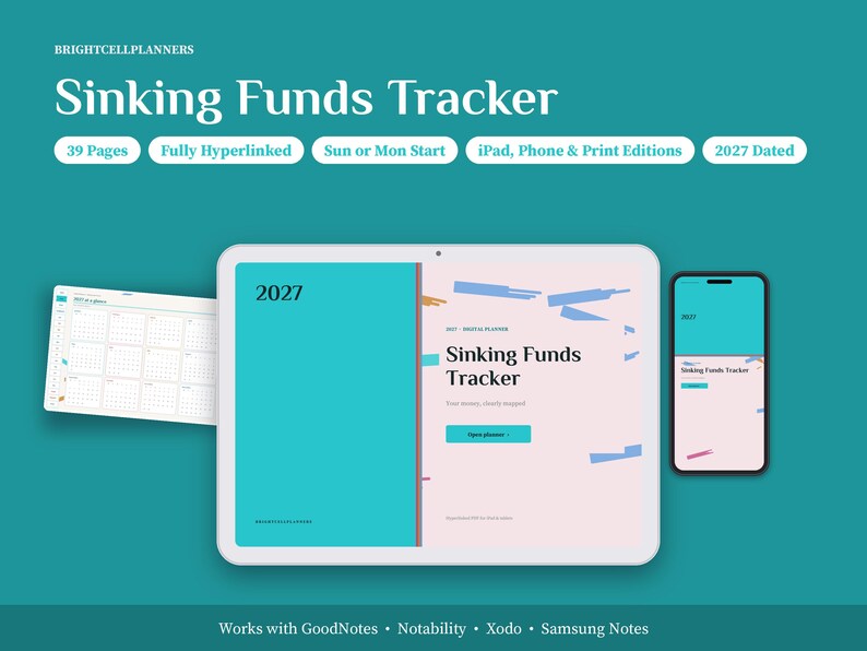 以下が含まれることがあります： タブレットとスマートフォンに表示された2027年版デジタルSinking Funds Trackerプランナー。39ページ、ハイパーリンク機能、日曜または月曜始まりのオプション付き。インターフェースにはカレンダー表示と、ティール色とライトピンク色の表紙が含まれています。