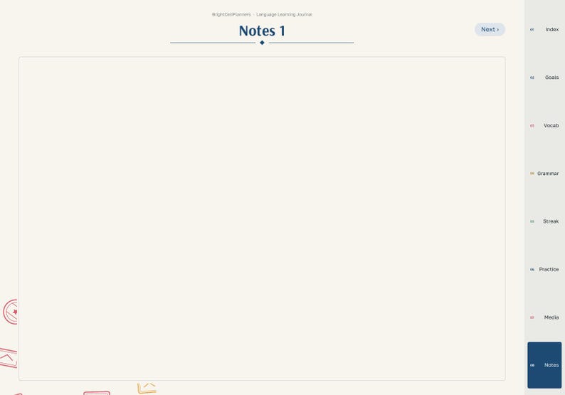 K&ouml;nnte beinhalten: Eine digitale Sprachlernjournal-Seite mit dem Titel Notes 1 auf cremefarbenem Hintergrund. Die rechte Seitenleiste enth&auml;lt Navigationsreiter f&uuml;r Index, Goals, Vocab, Grammar, Streak, Practice, Media und Notes. Ein Next-Button befindet sich oben rechts.