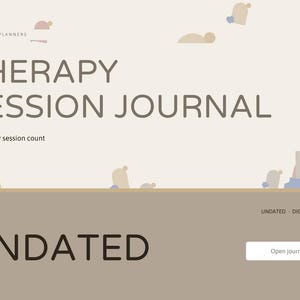 May include: A digital therapy session journal with a beige background featuring the text "BRIGHTCELLPLANNERS", "THERAPY SESSION JOURNAL", "Make every session count", "UNDATED", "DIGITAL JOURNAL", and a button labeled "Open journal".