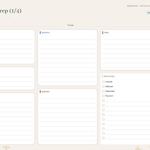K&ouml;nnte beinhalten: Eine digitale Planerseite zur Predigtvorbereitung mit beigem Hintergrund. Das Layout enth&auml;lt Abschnitte f&uuml;r Passage and context, Illustrations, Prayer, Main point, Outline, Application und eine Before Sunday Checkliste mit Kontrollk&auml;stchen.