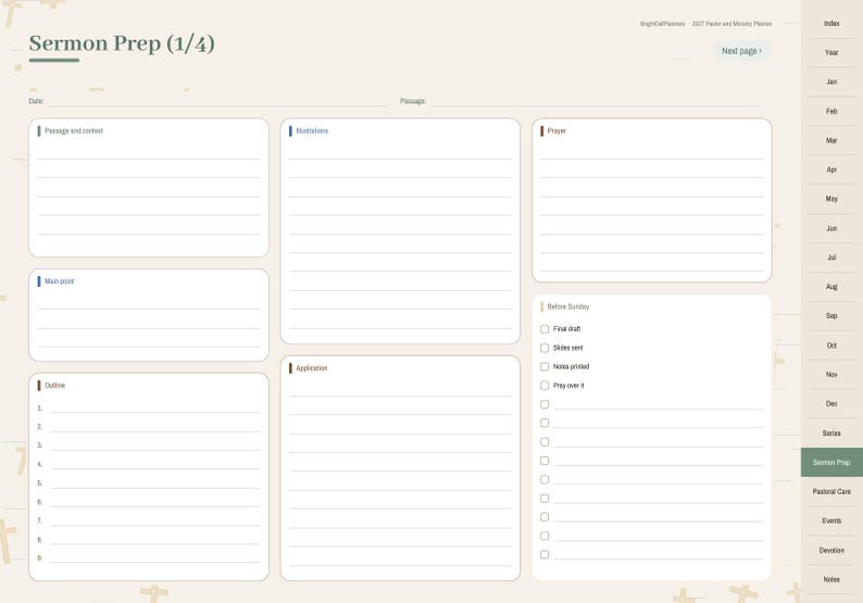 K&ouml;nnte beinhalten: Eine digitale Planerseite zur Predigtvorbereitung mit beigem Hintergrund. Das Layout enth&auml;lt Abschnitte f&uuml;r Passage and context, Illustrations, Prayer, Main point, Outline, Application und eine Before Sunday Checkliste mit Kontrollk&auml;stchen.