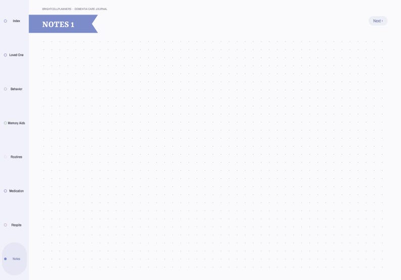 May include: A digital journal page titled NOTES 1 with a light purple banner. The layout features a left sidebar with navigation labels including Index, Loved One, Behavior, Memory Aids, Routines, Medication, Respite, and Notes. The main area is a white dot grid.
