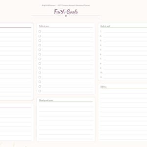 May include: A digital planner page titled Faith Goals with sections for Spiritual goals, Habits to grow, Books to read, Verse for the year, Ministry and service, and Reflection. A vertical tab menu on the right lists months and categories.