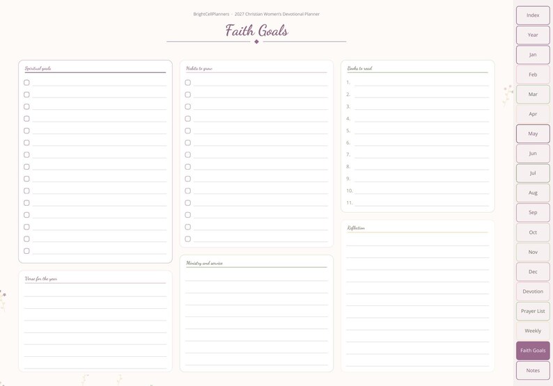 May include: A digital planner page titled Faith Goals with sections for Spiritual goals, Habits to grow, Books to read, Verse for the year, Ministry and service, and Reflection. A vertical tab menu on the right lists months and categories.