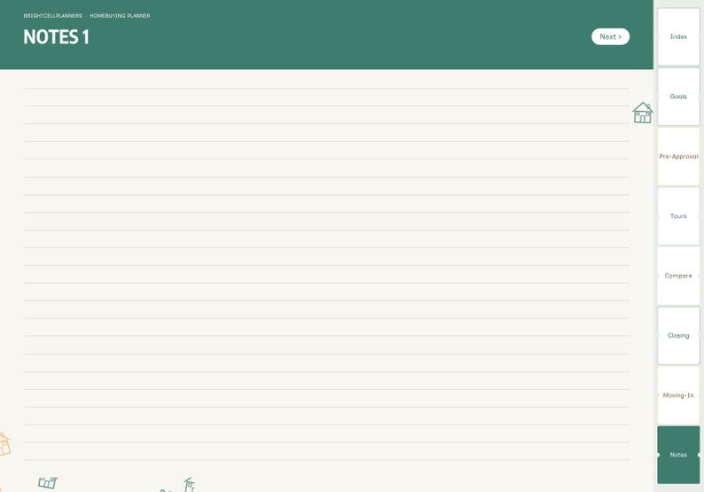 Puede incluir: Una p&aacute;gina de planificador digital titulada NOTES 1 con un encabezado verde oscuro y papel rayado color crema. El lado derecho presenta un men&uacute; de navegaci&oacute;n vertical con pesta&ntilde;as etiquetadas como Index, Goals, Pre-Approval, Tours, Compare, Closing, Moving-In y Notes.