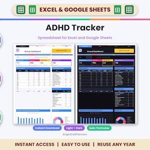 Puede incluir: Una hoja de c&aacute;lculo de seguimiento de TDAH para Excel y Google Sheets con un panel anual en modo claro y oscuro. La interfaz incluye f&oacute;rmulas autom&aacute;ticas, tablas de datos, gr&aacute;ficos de barras y gr&aacute;ficos circulares para tareas.