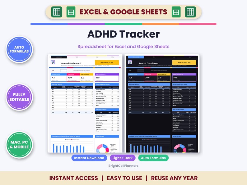 Puede incluir: Una hoja de c&aacute;lculo de seguimiento de TDAH para Excel y Google Sheets con un panel anual en modo claro y oscuro. La interfaz incluye f&oacute;rmulas autom&aacute;ticas, tablas de datos, gr&aacute;ficos de barras y gr&aacute;ficos circulares para tareas.