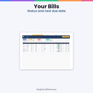 May include: A digital bill tracker interface displayed on a tablet screen with the header Your Bills Status and next due date. The dashboard features a dark blue navigation bar, summary cards with numerical data, and a detailed table.