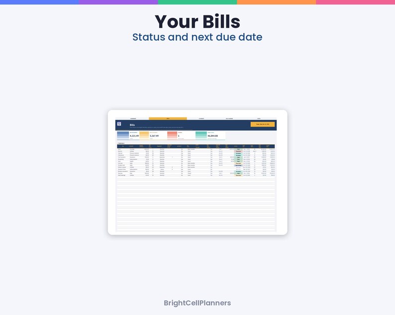 May include: A digital bill tracker interface displayed on a tablet screen with the header Your Bills Status and next due date. The dashboard features a dark blue navigation bar, summary cards with numerical data, and a detailed table.