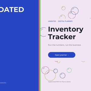 May include: A digital planner titled Inventory Tracker with the text Undated, Run the numbers, run the business, and Open planner. The design features a blue left panel and a light pink right panel decorated with colorful circular outlines.
