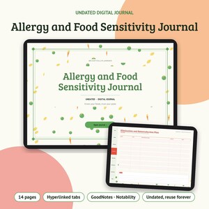 Puede incluir: Un diario digital para el seguimiento de alergias y sensibilidades alimentarias en dos tabletas. La portada muestra el texto verde Allergy and Food Sensitivity Journal con iconos de vegetales. La segunda pantalla muestra una tabla para un plan de eliminaci&oacute;n y reintroducci&oacute;n.