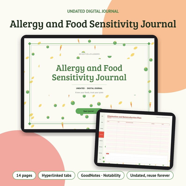 Puede incluir: Un diario digital para el seguimiento de alergias y sensibilidades alimentarias en dos tabletas. La portada muestra el texto verde Allergy and Food Sensitivity Journal con iconos de vegetales. La segunda pantalla muestra una tabla para un plan de eliminaci&oacute;n y reintroducci&oacute;n.