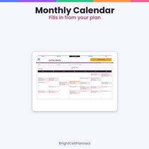 May include: A digital monthly calendar interface titled Monthly Calendar Fills in from your plan, displaying a grid for October 2023 with various entries, a navigation bar at the top, and the brand name BrightCellPlanners at the bottom.