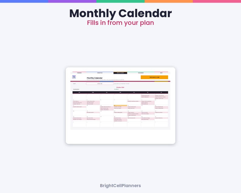 May include: A digital monthly calendar interface titled Monthly Calendar Fills in from your plan, displaying a grid for October 2023 with various entries, a navigation bar at the top, and the brand name BrightCellPlanners at the bottom.