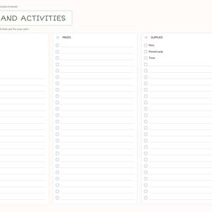 May include: A digital baby shower planner page titled GAMES AND ACTIVITIES with three columns for Games, Prizes, and Supplies. The layout includes checkboxes and lined spaces for notes, with a side navigation tab labeled Games highlighted.