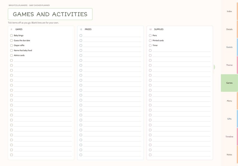 May include: A digital baby shower planner page titled GAMES AND ACTIVITIES with three columns for Games, Prizes, and Supplies. The layout includes checkboxes and lined spaces for notes, with a side navigation tab labeled Games highlighted.