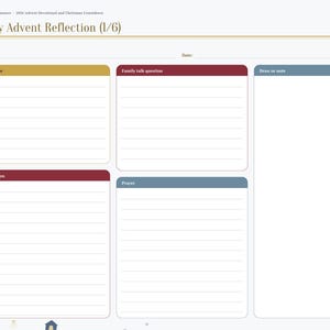 May include: A digital planner page titled Daily Advent Reflection (1/6) with sections for Scripture, Family talk question, Reflection, Prayer, and Draw or note. The layout includes lined fields, a sidebar navigation menu, and a top header.