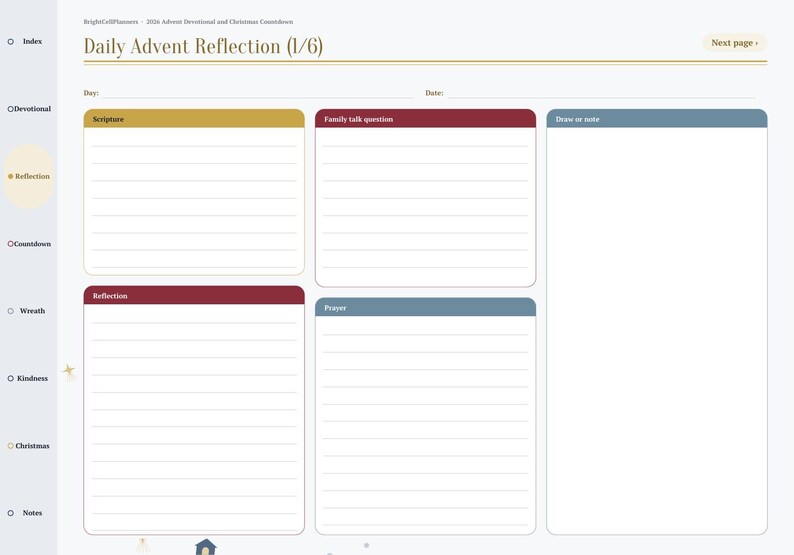 May include: A digital planner page titled Daily Advent Reflection (1/6) with sections for Scripture, Family talk question, Reflection, Prayer, and Draw or note. The layout includes lined fields, a sidebar navigation menu, and a top header.