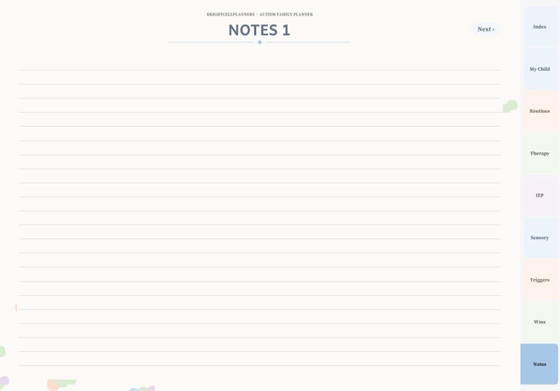May include: A digital planner page titled NOTES 1 with horizontal lines for writing. The top header reads BRIGHTELLPLANNERS AUTISM FAMILY PLANNER. A vertical sidebar on the right features color-coded tabs labeled Index, My Child, Routines, Therapy, IEP, Sensory, Triggers, Wins, and Notes.