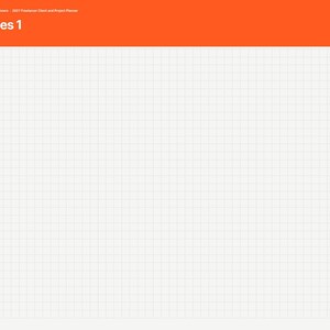 May include: A digital planner page titled Notes 1 with a bright orange header and a white grid background. A light peach sidebar lists navigation tabs including Index, Year, months from Jan to Dec, Clients, Briefs, Proposals, Income, and Notes.