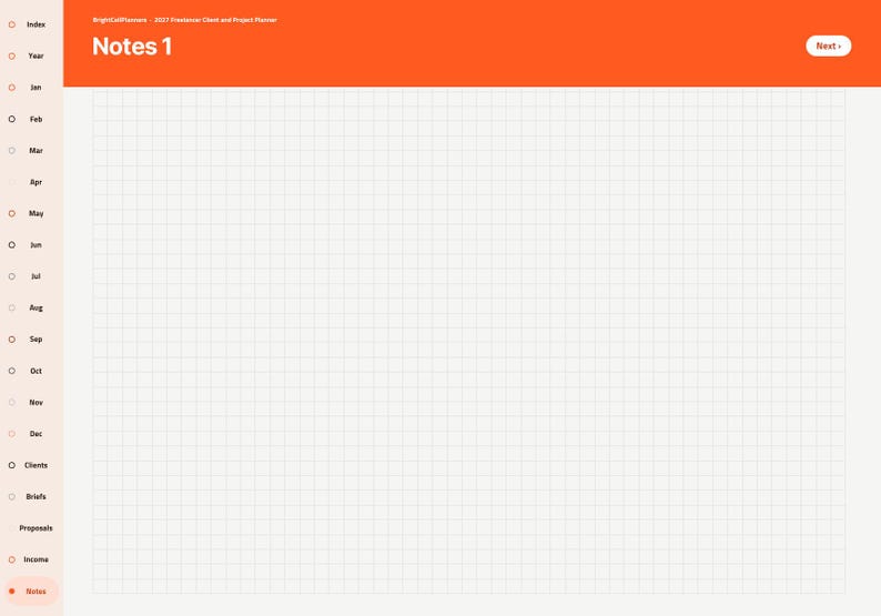 May include: A digital planner page titled Notes 1 with a bright orange header and a white grid background. A light peach sidebar lists navigation tabs including Index, Year, months from Jan to Dec, Clients, Briefs, Proposals, Income, and Notes.
