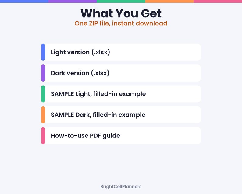 May include: A digital product listing graphic titled What You Get, One ZIP file, instant download. It lists five items: Light version (.xlsx), Dark version (.xlsx), SAMPLE Light, filled-in example, SAMPLE Dark, filled-in example, and How-to-use PDF guide.