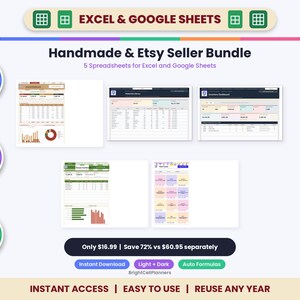 May include: A digital bundle of five spreadsheets for Excel and Google Sheets titled Handmade & Etsy Seller Bundle. The image displays various dashboard interfaces, inventory trackers, and financial charts with auto formulas and editable fields.