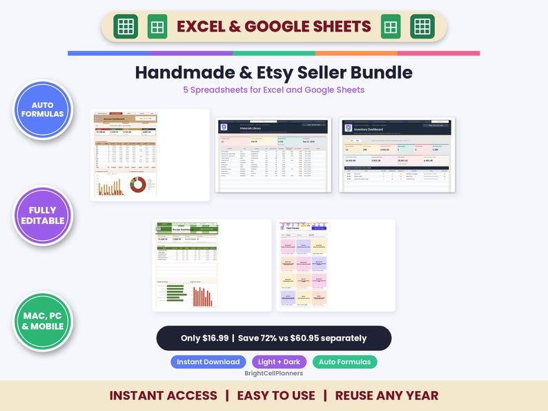 May include: A digital bundle of five spreadsheets for Excel and Google Sheets titled Handmade & Etsy Seller Bundle. The image displays various dashboard interfaces, inventory trackers, and financial charts with auto formulas and editable fields.