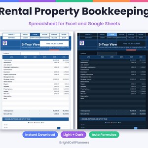 May include: Rental Property Bookkeeping spreadsheet for Excel and Google Sheets featuring a 5-Year View dashboard in both light and dark modes. The interface displays financial categories like income, expenses, and net cash flow with numerical data.