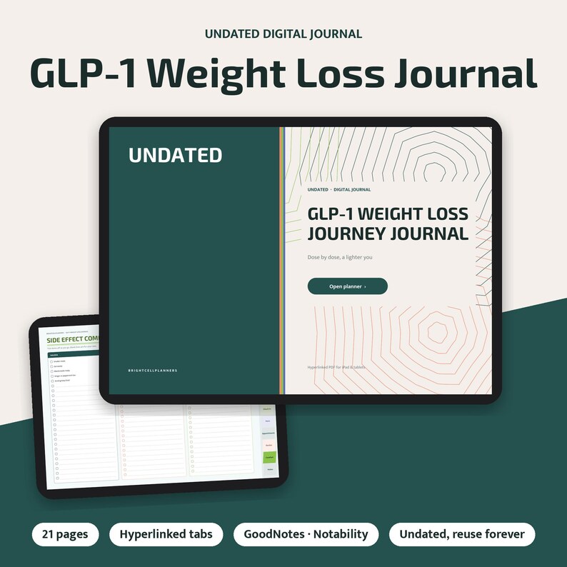K&ouml;nnte beinhalten: Ein undatiertes digitales Journal mit dem Titel GLP-1 Weight Loss Journey Journal. Die Oberfl&auml;che zeigt eine dunkelgr&uuml;ne Seitenleiste und eine cremefarbene Seite mit feinen Linien, einem Button mit der Aufschrift Open planner und dem Text Dose by dose, a lighter you.