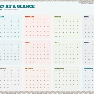 May include: A 2027 digital calendar planner page titled 2027 AT A GLANCE, featuring twelve monthly grids with pastel-colored backgrounds. The left sidebar lists navigation tabs including Index, Year, Setup, and months from Jan to Dec.
