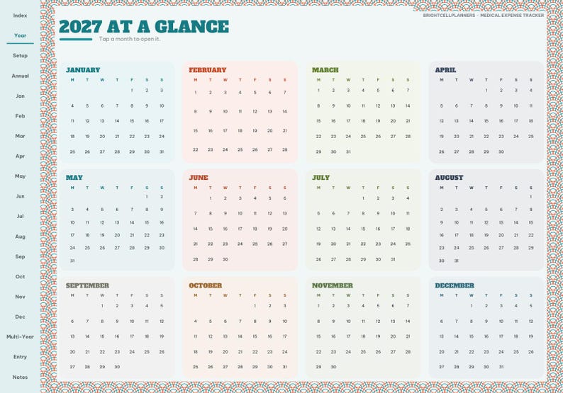 May include: A 2027 digital calendar planner page titled 2027 AT A GLANCE, featuring twelve monthly grids with pastel-colored backgrounds. The left sidebar lists navigation tabs including Index, Year, Setup, and months from Jan to Dec.